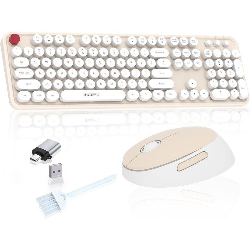 Wireless Keyboard and Mouse MOFII 104 Round Keycaps Retro Typewriter&OTG & Brush