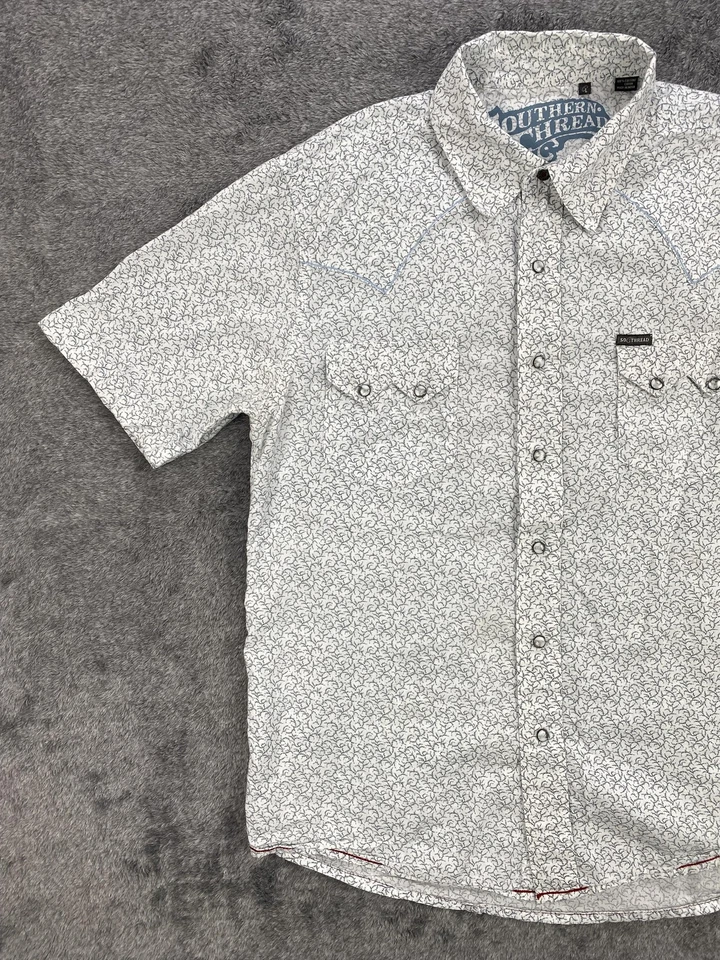 Camisa Southern Thread Para Hombre Grande Blanca Azul Perla Occidental Algodón a Presión Rodeo Foto 2 de 4