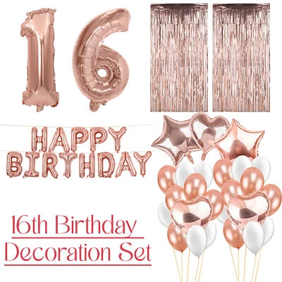 Doré Rose Joyeux Anniversaire Feuille Ballons Bannière Set 16th Décor - Photo 1/4