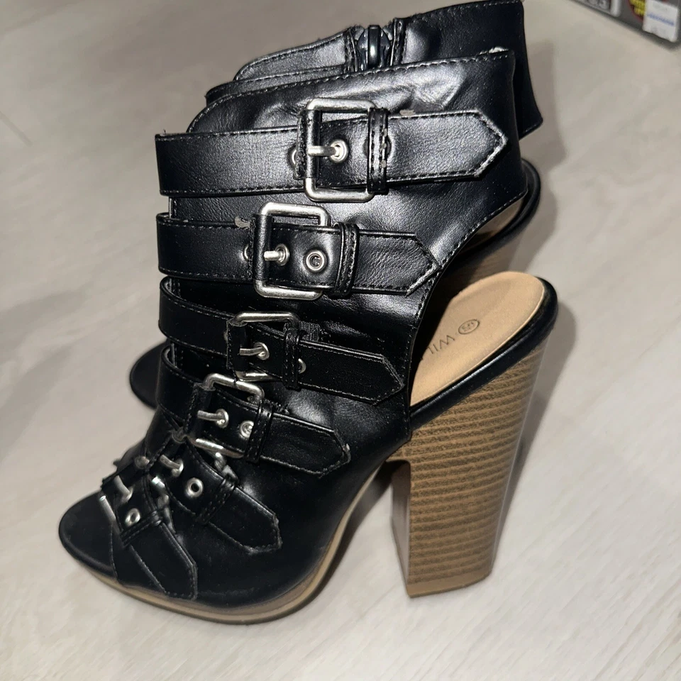 Zapatos de salón Wild DIVA con correa de cuero negro para mujer talla 5,5 plataforma tacones madera Foto 3 de 4
