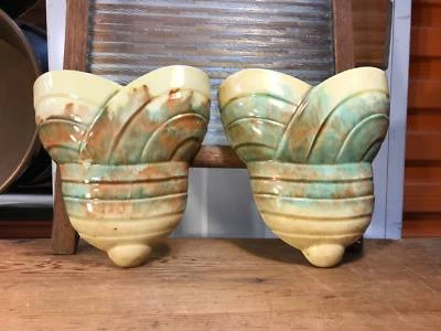 Vintage Australian Pottery Diana Yellow Ochre Green Wall Vases
