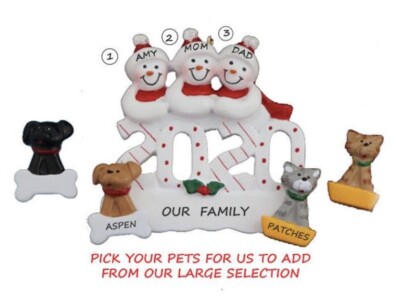 family of 3 with 2 dogs ornament