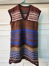 Vintage Handmade Knit Sweater Vest Dress Fits Like A Size 10-12 Dress Brown Blue