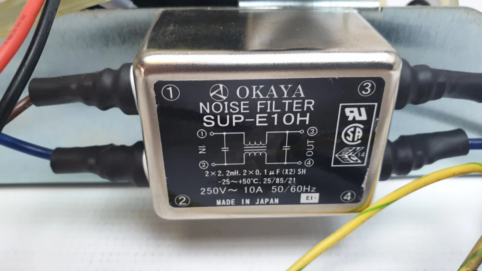 Okaya SUP-E10H noise filter, 250V 10A 50/60Hz, made in Japan