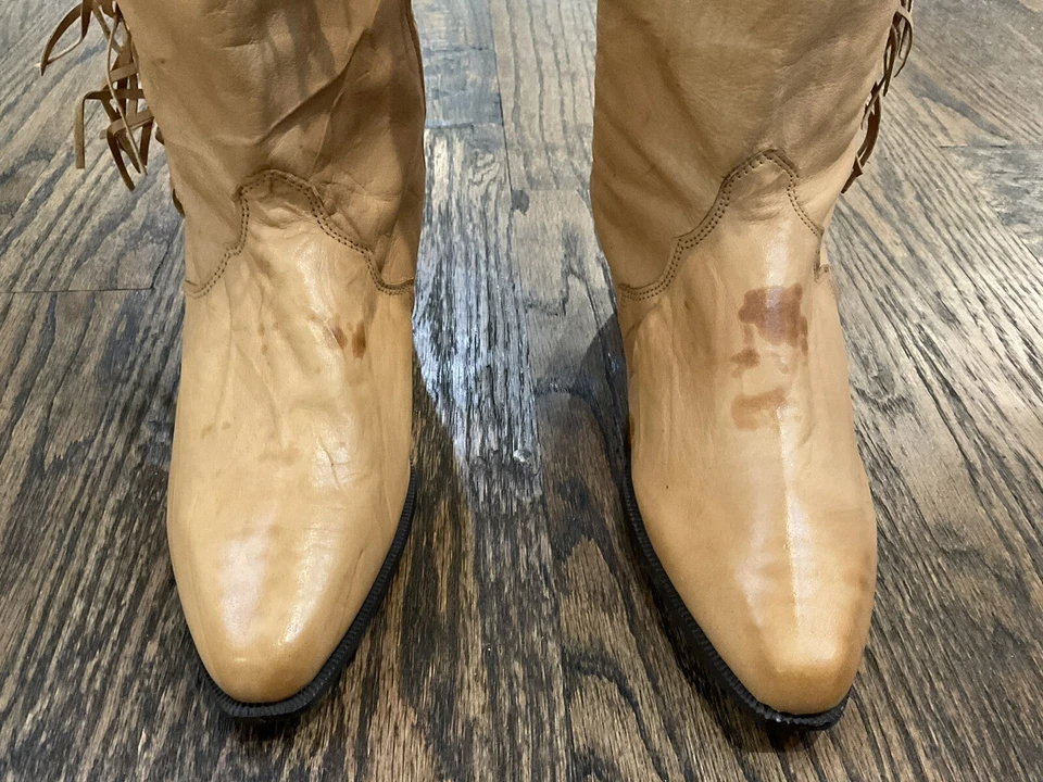 Botas Dingo de cuero tostado con flecos Western de tacón bloque para mujer talla 7,5 M de EE. UU. Foto 3 de 4