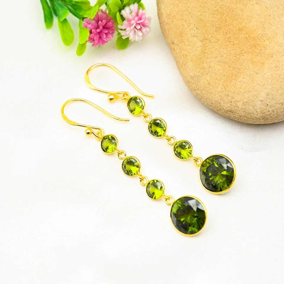 Dainty Peridot Gemstone Dangle Earring 925 Sterling Silver Handmade Jewelry Gift - Image 4 of 4