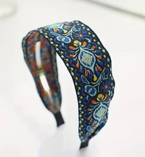 Blue Floral Embroidered Ribbon Headband Bohemian Festival Hair Accessory