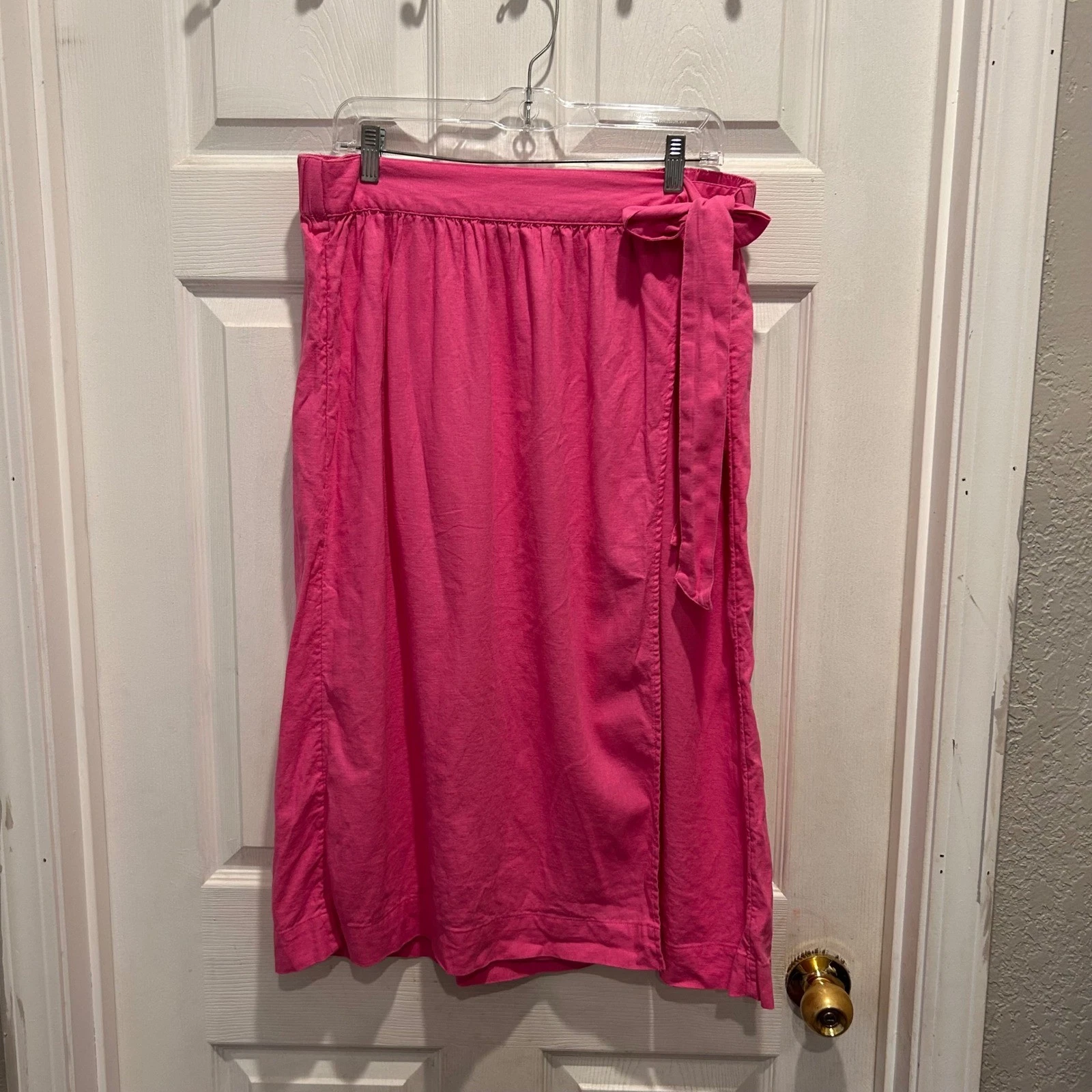 A New Day Hot Pink Linen Blend Wrap Midi Skirt Large Fuchsia Elastic Waist Tie