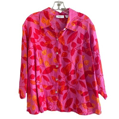 PARISIAN WORKS Woman Linen Top 2X Pink Orange Botanical Print Button Front