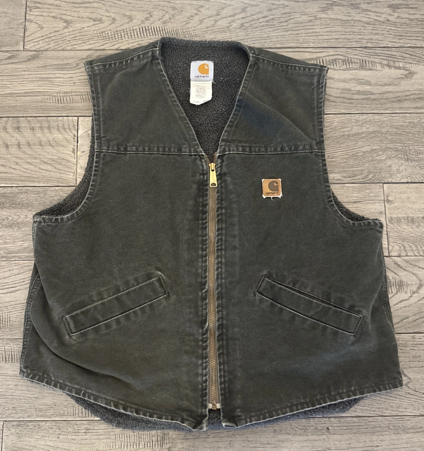 VTG Carhartt Vest Mens Large Olive Grren/ Gray Sherpa Lined Canvas Work Duck