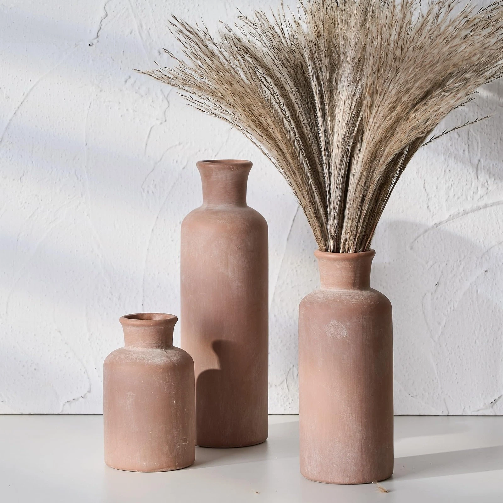 Ceramic Rustic Farmhouse Vase Set of 3, Whitewashed Terracotta Vases,