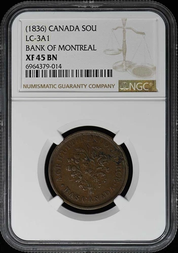 1836 CANADA LC-3A1 BANK OF MONTREAL Token Un SOU NGC XF45BN
