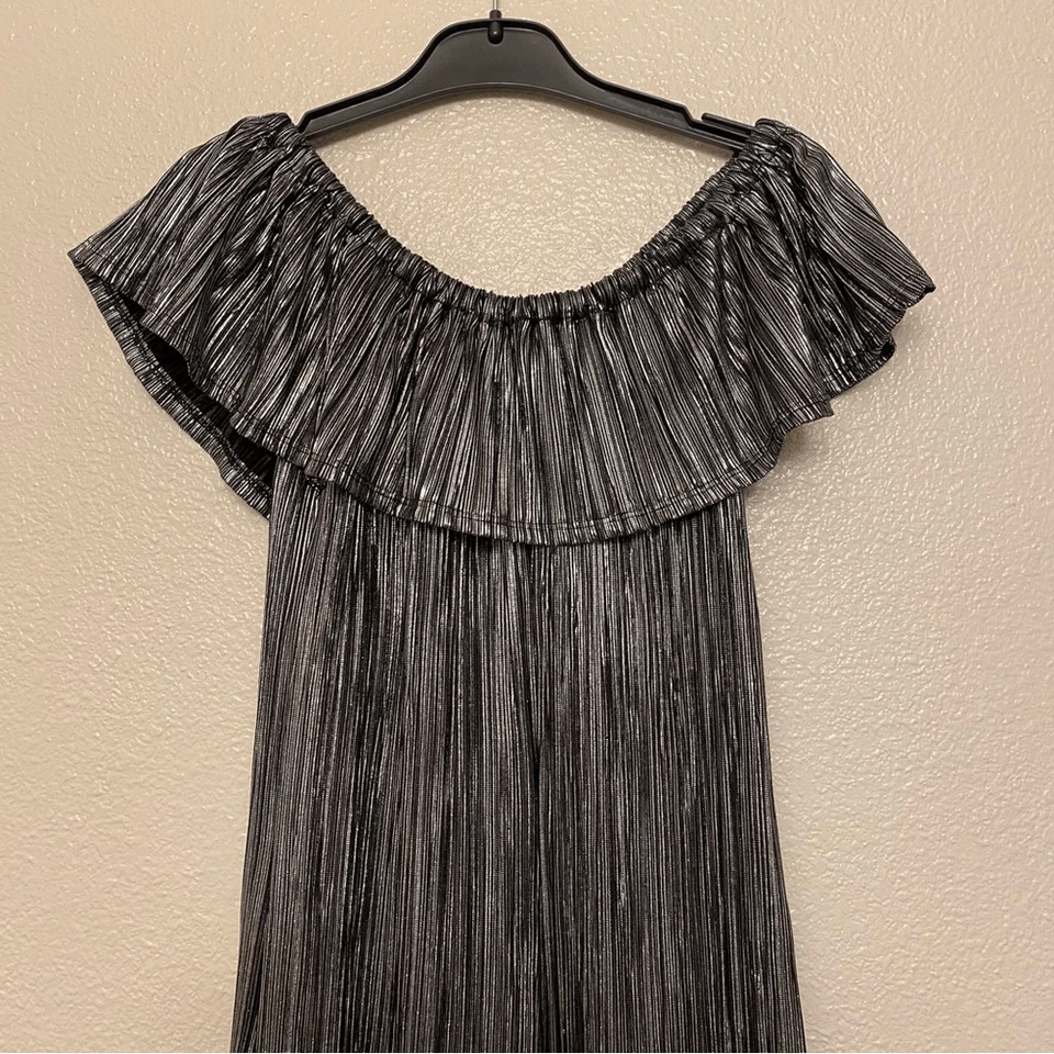 Art Class Shiny Silver stretchy Jumpsuit ruffle off Shoulder wide leg formal 7-8 - Image 3 of 4