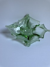 Vintage Stretched Hand Blown Art Glass Bowl Green  White Swirl Waves Murano
