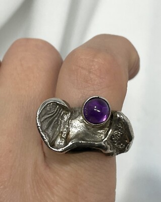 One of a kind artisan crafted Modernist Amethyst brutalist ring 7.5 Sterling 925