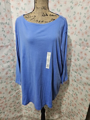 CROFT & BARROW, WOMEN'S NEW BLUE COTTON LONG SLEEVED BOATNECK TOP, SIZE 3X
