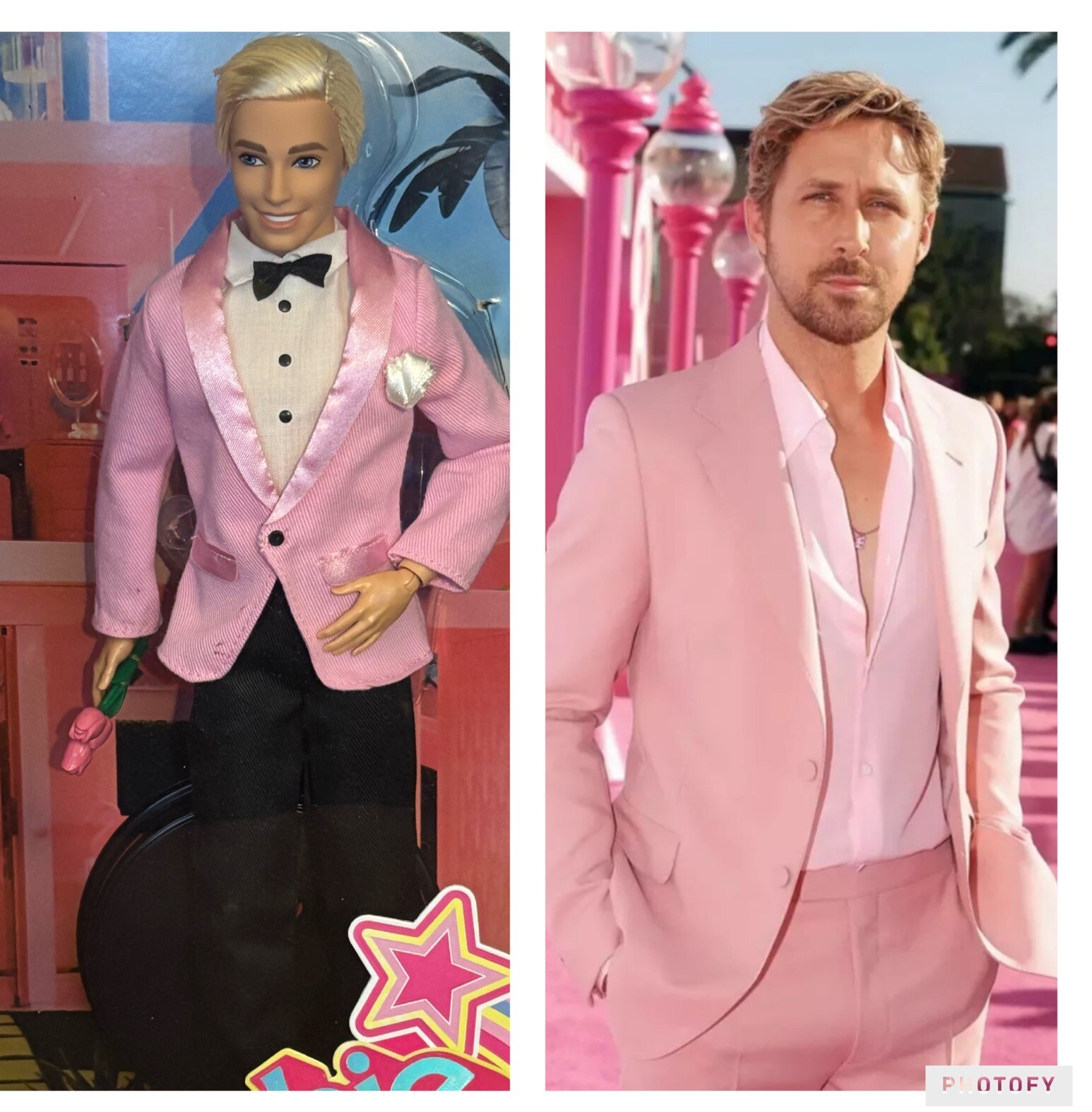 Barbie The Movie Ryan Gosling Ken Doll Redressed in Pink Tuxedo Red Carpet Look
