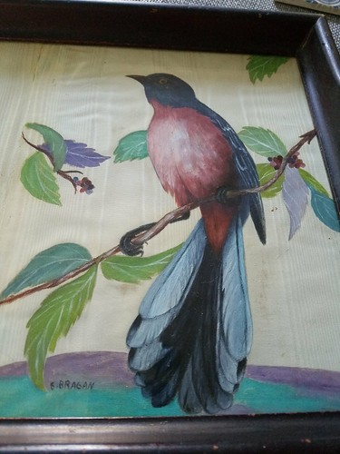 Antique tray with handpainted signed birds on silk panels under glass. 17 x 11" - 第 3/12 張圖片