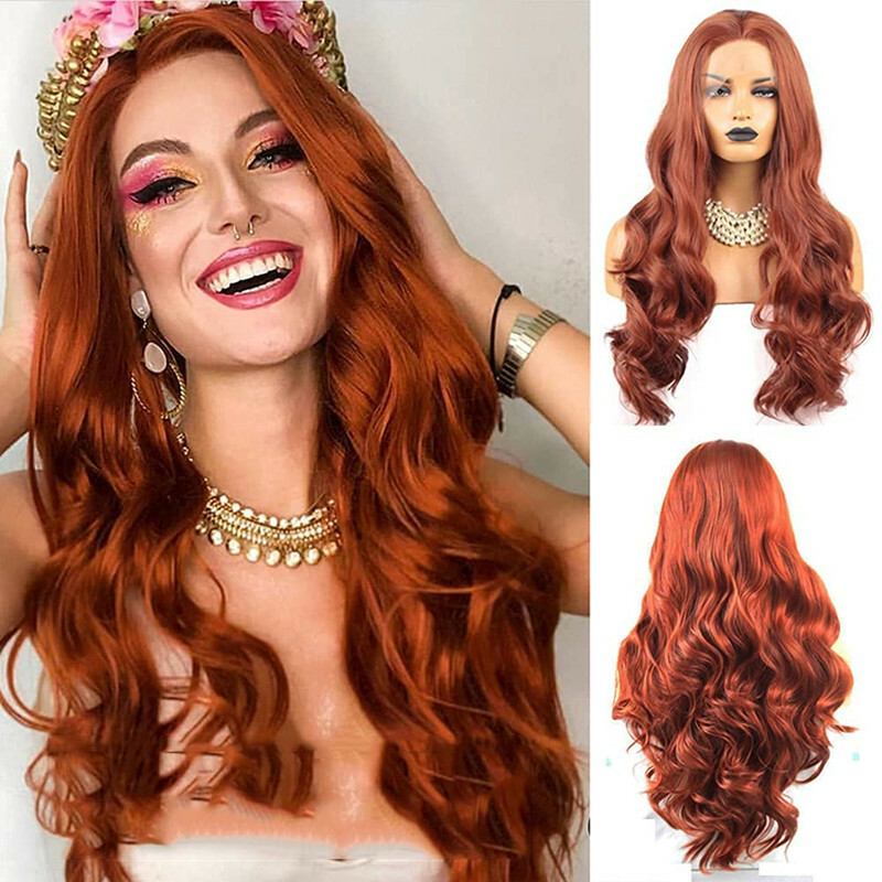 Copper Red Synthetic Wig Body Wave Glueless Long Wavy Lace  display picture 1