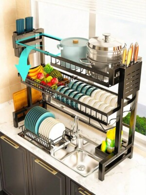 Expandable 2Tier Stainless Steel Sink Dish Rack with Cutlery