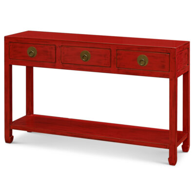US Seller - Distressed Red Elmwood Chinese Ming Console Table 3 Drawers