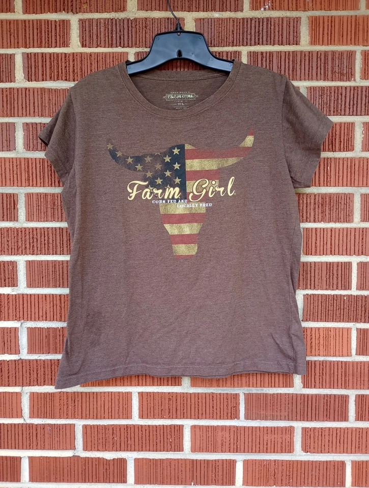 Camiseta Damas Niña Granja Auténtica Marca Marrón Talla XL Lindo Estampado Foto 2 de 4