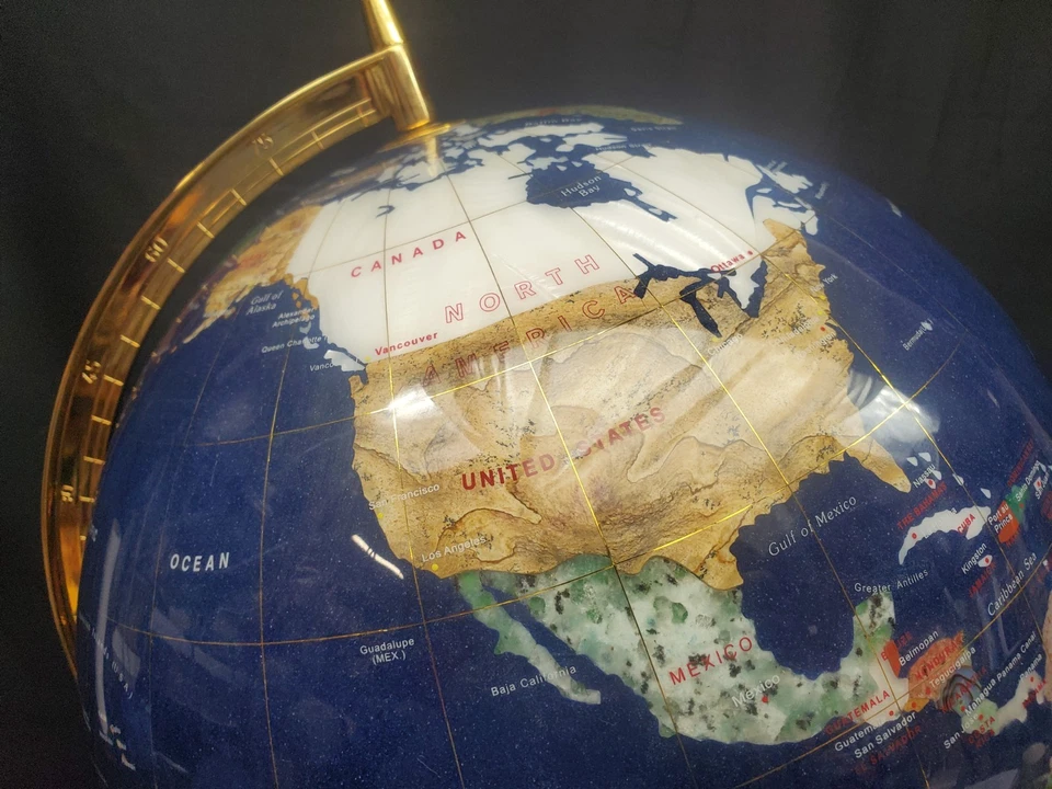 World Globe 13” Diameter Lapis & Semi Precious Gemstone, Gold Base - Image 2 of 4