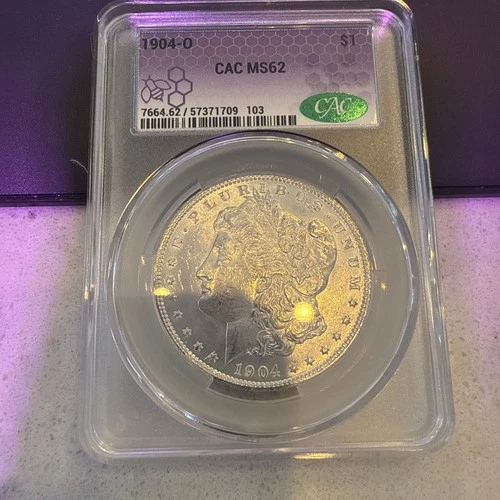 1904-O Morgan Silver Dollar CAC MS62 – 💥Purple B Slab 💥