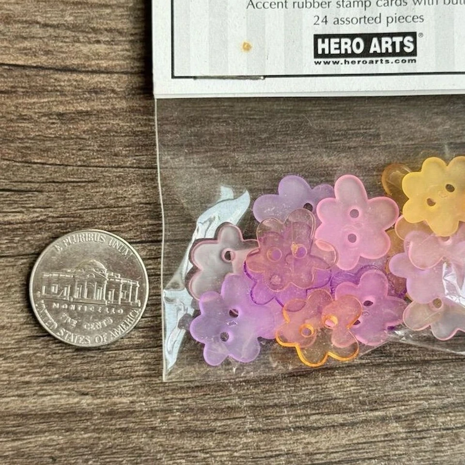 NEW Vintage Y2K 2 Hole Flower Card Buttons 24 Pc Pink Yellow Arts & Crafts - Image 4 of 4