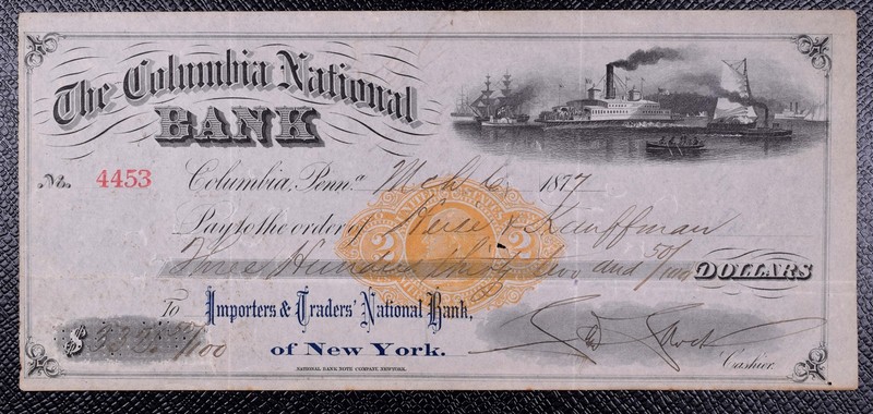 1877 Columbia PA National Bank Check
