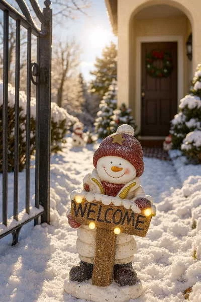 Großer Schneemann 46cm Willkommen Figur für Hauseingang mit Welcome Schild - Bild 2 von 4