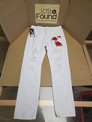 New Fashion Jeans White Girls Size 10 Red Flowers Distressed 