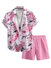 Men's Plus Size 2 Pieces Outfit Floral Print Button Down Shirt and Drawstring...