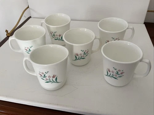 Vintage Corelle Corning Ware Rosemarie Pink Tulip Coffee Cups Mug, Set Of 6