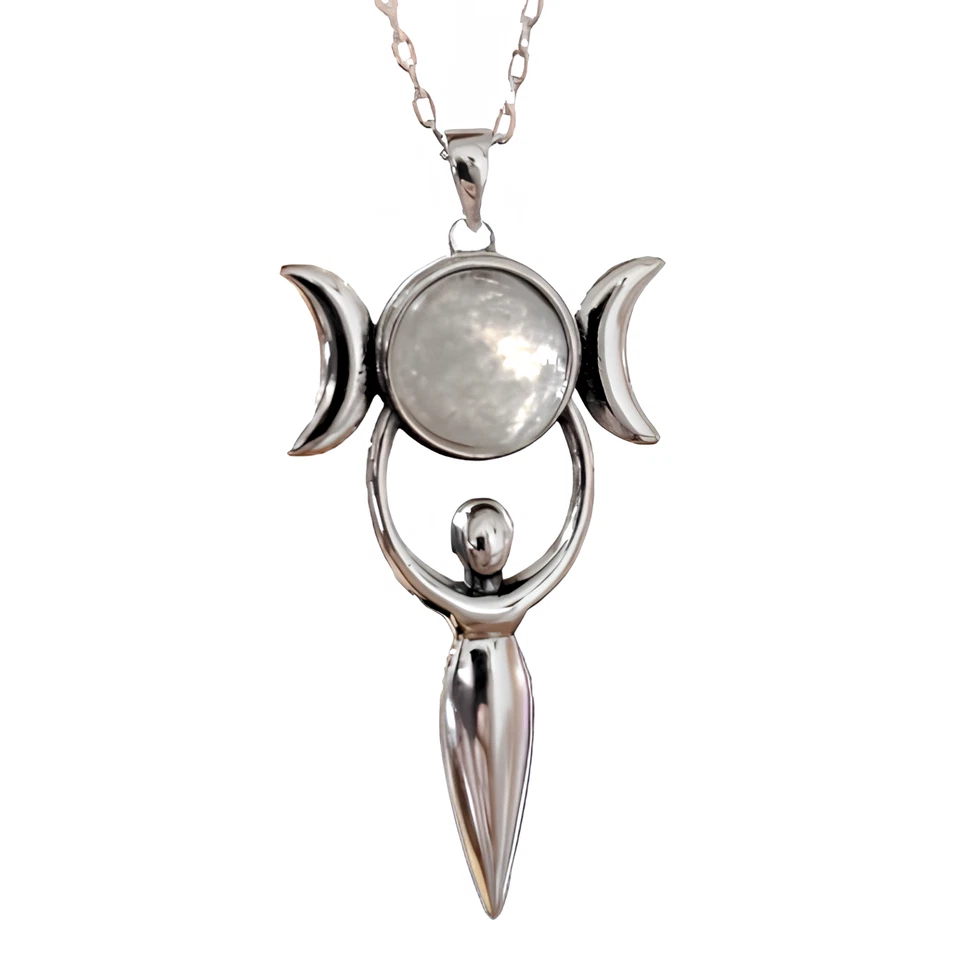 Collana con ciondolo dea pietra di luna grande tripla luna in argento 925... - Immagine 4 di 4
