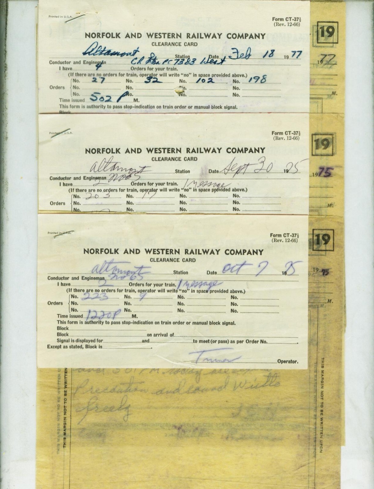 NORFOLK & WESTERN RAILWAY TRAIN ORDERS (18) ALTAMONT, INDIANA 19701977