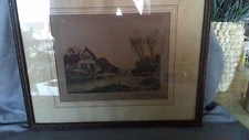 Antique Signed Village on Lake Old Town Alley Colored Etching Engraving Print 