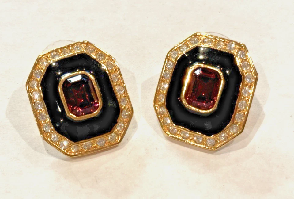 PENDIENTES OREJA GRUESOS PERFORADOS ROMANOS ESMALTE NEGRO PÚRPURA ESTRÁS ORO POSTE 1" UE Foto 3 de 4