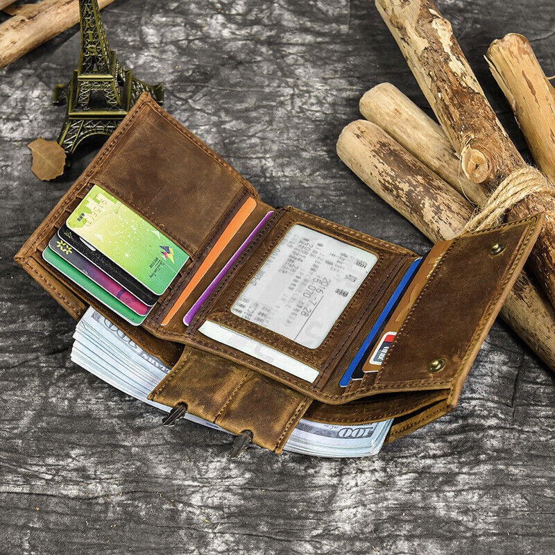 Men's Vintage Leather Wallet Chain Tri-fold Snap Closur CARD Men's Vintage Leather Wallet Chain Tri-fold Snap Closur CARD
