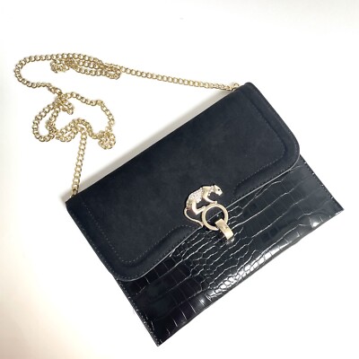 Topshop Black Crocodile Panther Clasp Crossbody/Clutch Bag