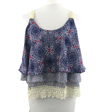 Jolt Blue Red Floral Crochet Lace Trim Racerback Layered Tank Top Womens Size M