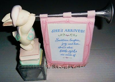 Baby Girl's KEEPSAKE PORCELAIN STATUE, PHOTO CUBE,AND TRUMPET BANNER