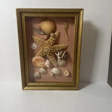 Vintage ShadowBox art  Gold  7" by 9"shell composition