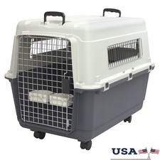 Large Rolling Plastic Dog Crate Travel Kennel W/ Metal Door Durable Design New