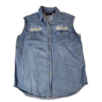 Giorgio Sant Angelo Women Pocket Shirt L Blue Denim Sleeveless Embroidered #2083