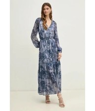 GUESS Breanna Long Dress Women's XS Indigo Mixed Print Front Button Closure L/S