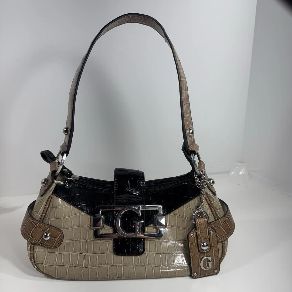 Vintage Guess Frontier Croc Embossed Hobo Bag Beige/Black Fall 2010 Medium Size - Image 2 of 4