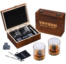 Whisky Gift Set ? Whisky Glass Set of 2, Stones, Coasters & Wooden Box ? 