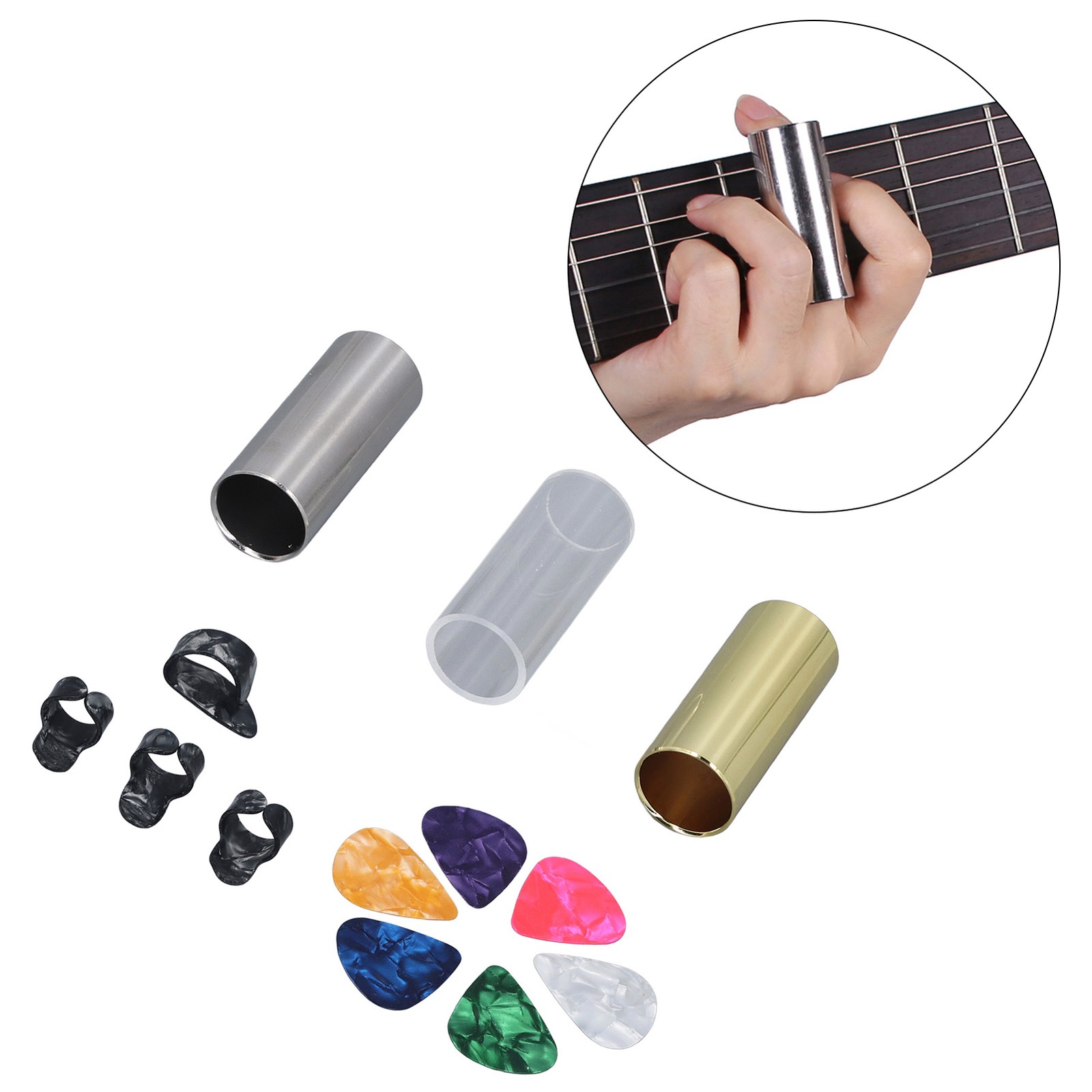 Guitar Slide Set Stainless Steel Acrylic Brass With Thumb Finger Picks Acoust