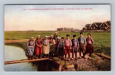Netherlands- Marken Fisherman's Children Traditional Garb Old Vintage Postcard